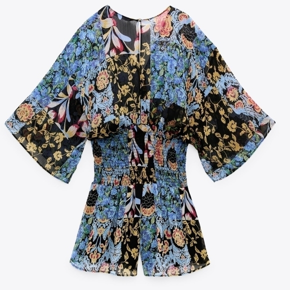 Zara Multicolored Patchwork Floral Printed Shorts Romper Jumpsuit Playsuit NWT M - Picture 6 of 15